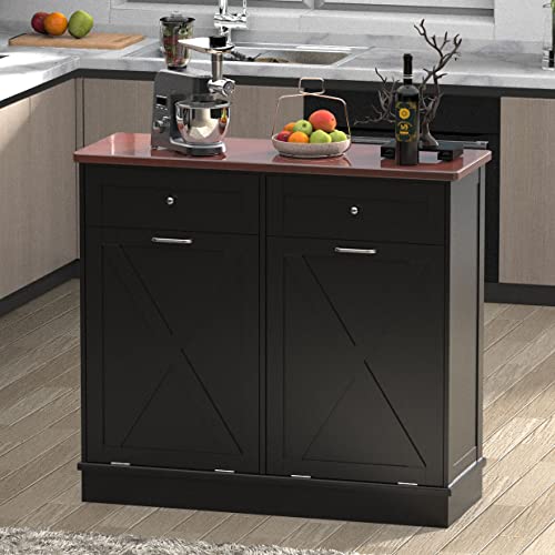 Double Tilt Out Trash Can Cabinet,Farmhouse Style Kitchen Trash Cabinet with Barn Door, Solid Wood Tabletop, Pet Proof Trash Can Odor Blocking, Wood Laundry Cabine Keep Clean