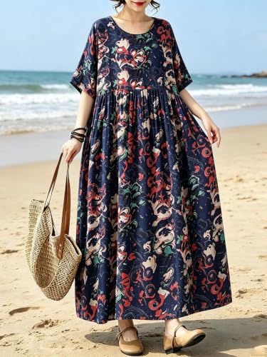 Image of Women Plus Size Casual Dresses Floral Printed O Neck Short Sleeves Summer Oversized Dresses Boho Loose Fitting Wear