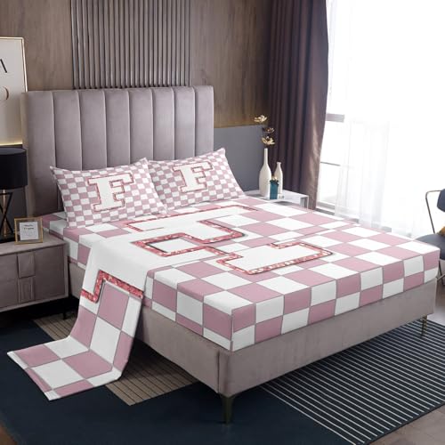 Image of Erosebridal Pink Initial F Sheet Set Full Kawaii Plaid Checkered Bed Sheets Cute Personalized Monogram Bedding for Kids Girls Teen Women,Fashion Grids Gingham Bed Sheets Set 4 Piece