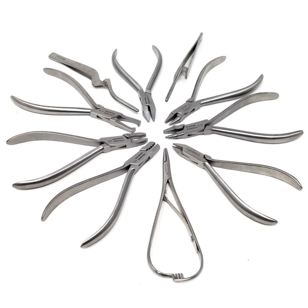 Set of 10 Orthodontic Dental Braces Pliers Bracket Removing Forceps Needle Holder Driver Stainless Steel Professional Instruments for Dentistry Students to Hold, Bend, Contour & Shape Oral Braces