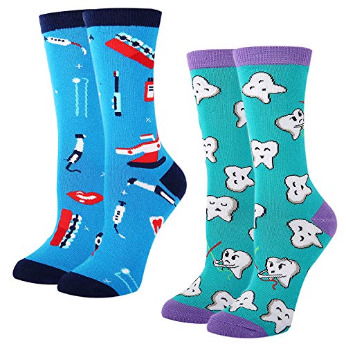 Women's Novelty Crazy Dental Funny Happy Teeth Tool Crew Socks, Dental Gift