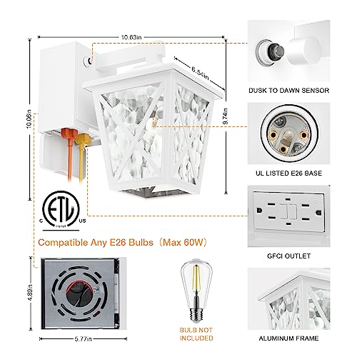 Image of Ehaho Porch Lights with GFCI Outlet Aircraft Grade Aluminum Alloy-White 1PC | Dusk to Dawn Outdoor Lights Waterproof IP 68 Upgraded 3 Lighting Modes Exterior Light with Plug for Front Door Patio Garage