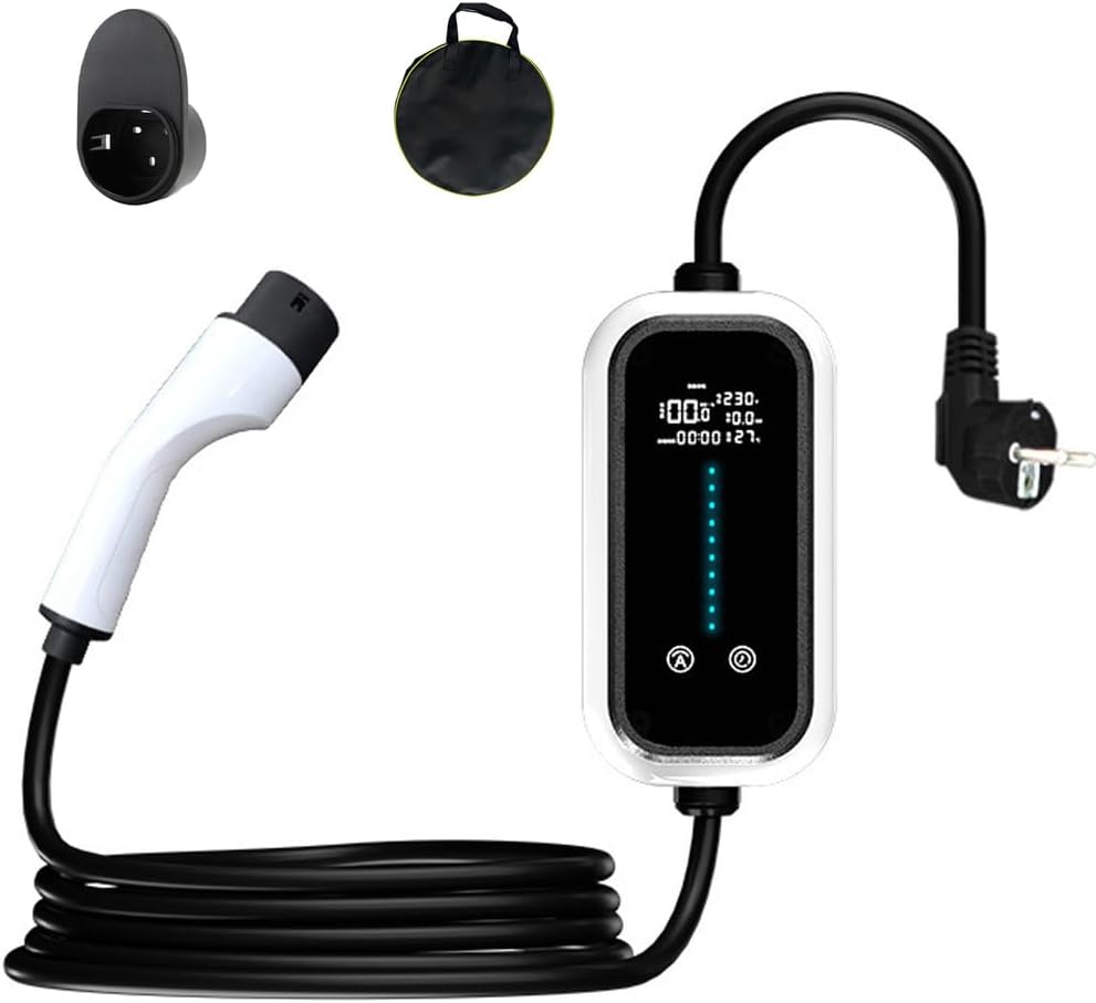 Cargador eléctrico portátil y doméstico para coches ajustable de corriente 8A-16A cargador eléctrico para coches de 3.5kW con pantalla LED/retraso programable de 1-10 horas/saco impermeable IP66,10m