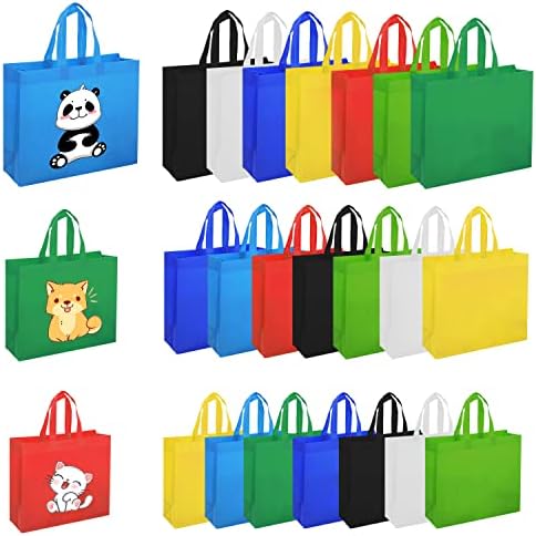 CHENGBAI TOTE 24 Pcs Non Woven Tote Bags, Bulk Reusable Bag Multiple Sizes and Colors, DIY Reusable Fabric Bag with Handles for Birthday, Parties, Shopping (Extra 8 Heat Transfer Print Patterns)