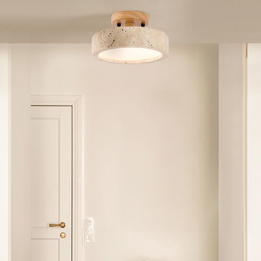 TRIVIDHA Minimalistische Deckenleuchte aus Stein, Wabi-sabi, Beige, nahe der Decke, 7,9 Zoll, Deckenleuchte mit Holzsockel, E27, Beleuchtung, Deckenleuchten aus Marmor, für Flur, Schlafzimmer, Küche