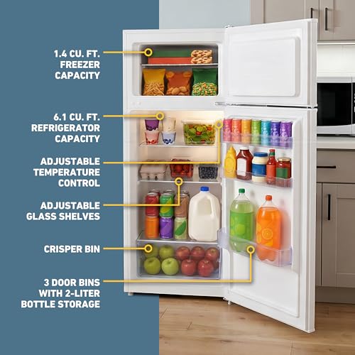 Image of West Bend Apartment Refrigerator Freestanding Reversible Dual Doors Full Fridge with Freezer, Full-Range Temperature Control with Adjustable and Removable Door Bins and Shelves, 7.5-Cu.Ft, White
