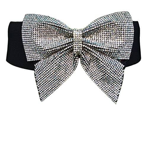 Bling Stretchy Belts for Women Elastic Wide Rhinestone Bow Waist Band for Dress Accessory
