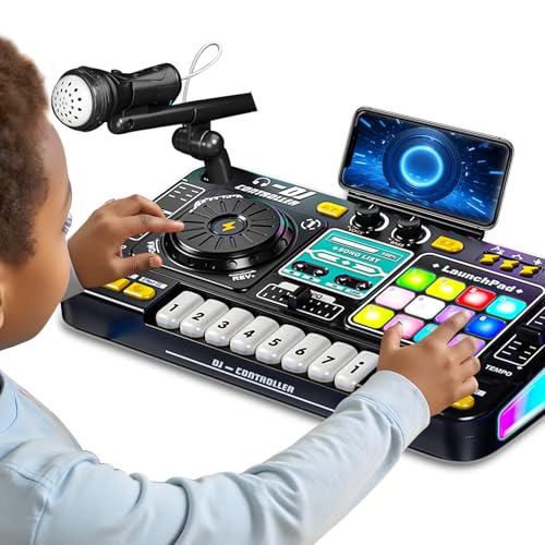 Kids DJ Mixer Controller Table Musical Toy Electronic Toy with LED Lights Sound Effect Microphone Piano DJ Board Key Musical Instruments Birthday Gift Toys for 3 4 5 6 7 Year Old Boy Girl