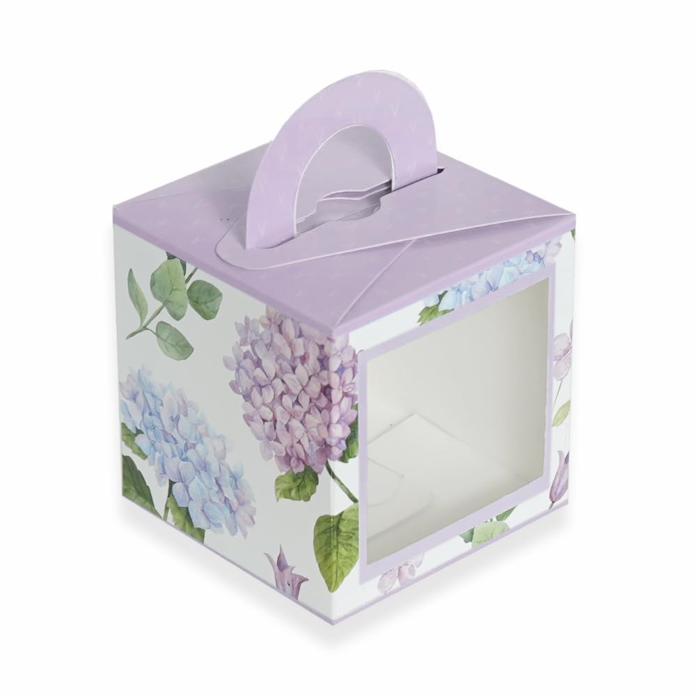 Chic a Choc Cookie Box for 5/1 Cupcake With Tray / 1 Candle Box in LILAC Floral Hydrangea Theme. Watercolour Design (3.5x3.5x3.5 in) (Pack of 8) Paper Board. Bakery Packaging