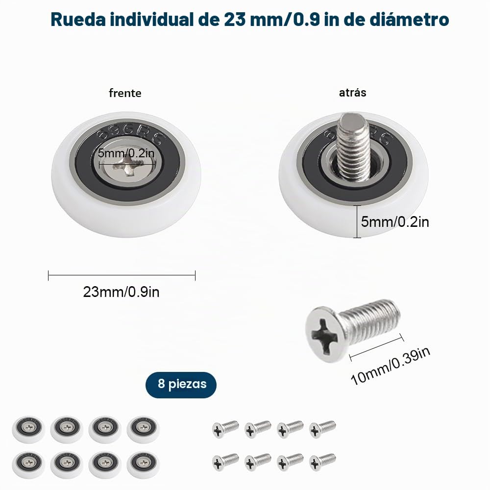 8 ruedas de repuesto para puertas de ducha, ruedas de puerta de baño de cristal adecuadas para puertas correderas de cristal de baño, ruedas de riel deslizante, capacidad de carga ultra silenciosa