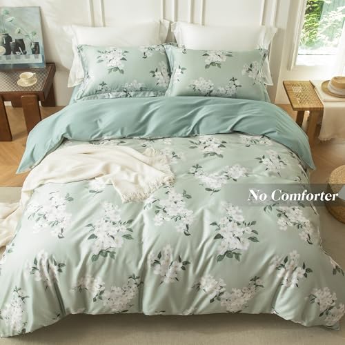 MILDLY Cal King Size Duvet Cover Set 100% Long-Staple Cotton Luxury Sage Green Floral Patten Reversible Comforter Cover Set 3Pcs