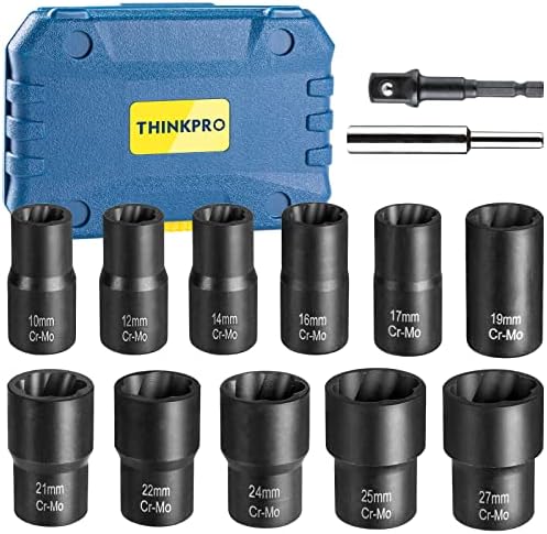 THINKPRO 13 PCS Bolt Nut Extractor Set, 1/2-Inch Drive Lug Nut Remover Socket Tool, Easy Out Bolt Extractor Set for Damaged, Frozen, Studs, Rusted, Rounded-Off Bolts & Nuts Screws