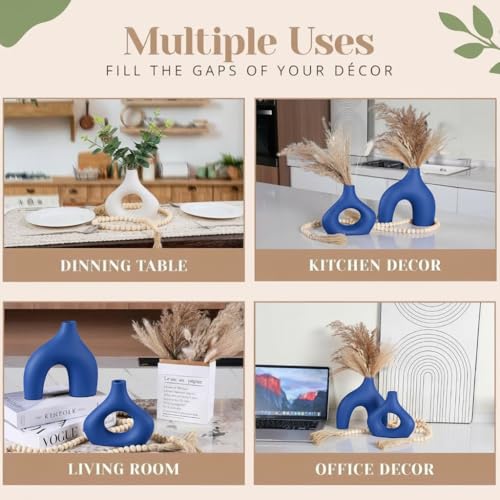 Image of PUREZENTO Abstract Blue Ceramic Donut Vase 5.4 & 7.7 Inch - Set of 2 | Decorative Unique Modern Vase for Dried Flowers & Pampas Grass | Vases for Modern Home Decor, Living Room, Office Decor Ideas
