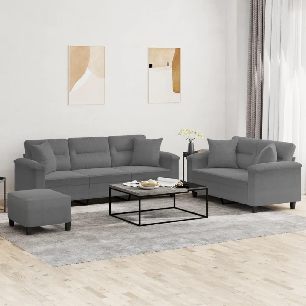 3-osobowa sofa z poduszkami, ciemnoszara, tkanina z mikrofibry, zestaw wypoczynkowy z miejscem do przechowywania i podłokietnikami, do salonu i pokoju gościnnego