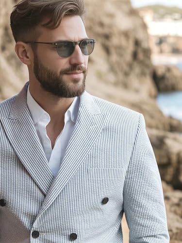 Men Summer Seersucker Suits 2 Piece Slim Fit Double Breasted Striped Seer Sucker Suit for Men Wedding Suits3