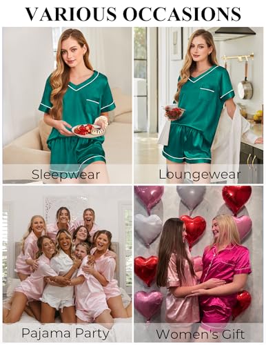 Image of Silk Pajamas for Women Short Sleeve Satin 2 Piece Pj Set Soft V Neck Sleepwear Loungewear, S-XXL
