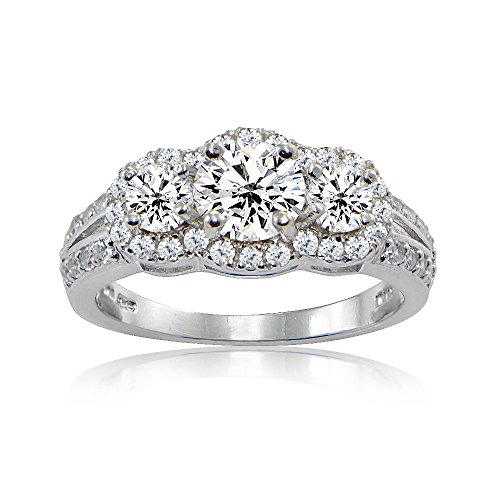 Hoops & Loops Sterling Silver Three Stone Cubic Zirconia Halo Bridal Engagement Ring