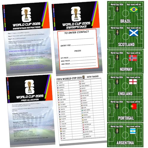 World Cup Sweepstake Kit 2026- Workplaces Sports Clubs Friends Groups Fundraising - 48 team cards. Instructions. Prizes cards. Tracker and Promotional posters.