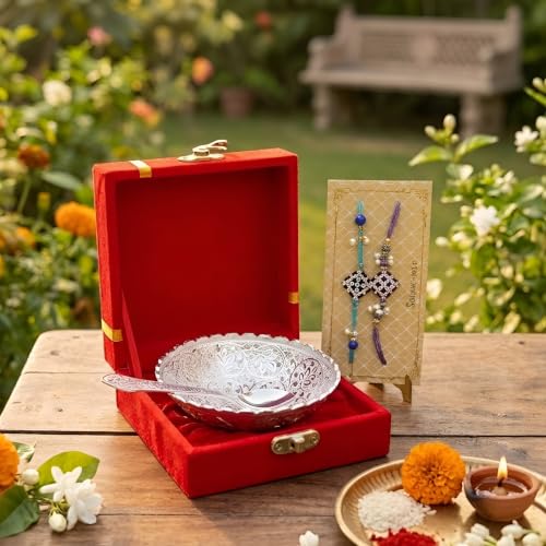 Image of Rakhi Gifts for Brother, German Silver Bowl & Spoon with Designer Rakhi, Premium Rakhi Gift Set. Raksha Bandhan Gift Hamper, Festive Gift Box, Home Decor, German Silver Bowl in Velvet box