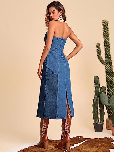 Image of WDIRARA Women's Strapless Tube Top Sleeveless Split Back Fitted Denim Midi Dress