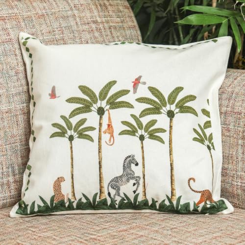 Image of Jungle Theme Cushion Covers Set of 5 | Tropical Green Leaf Printed Decorative Throw Pillow Covers for Sofa Couch Bed Living Room Balcony | Hidden Zipper Cushion Covers | 16 x 16 Inch