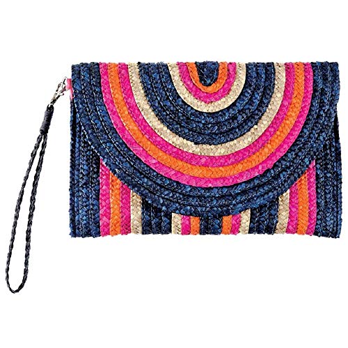Mud Pie Striped Straw Envelope Clutch Bag (Pink-Orange-Tan)