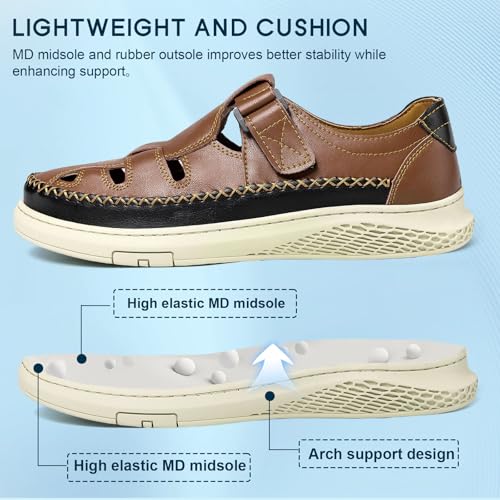 MAIZUN Men's Leather Sandals Outdoor Casual Closed Toe Sport Sandals Summer Fisherman Beach Shoes with Adjustable for Athletic Hiking Walking Size 7.53
