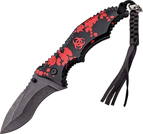 Master Cutlery ZB-072RD Z-Hunter 4.75" Folder, Stone Wash Blade, Red Biohazard/Black Handle with Clip and Trinket