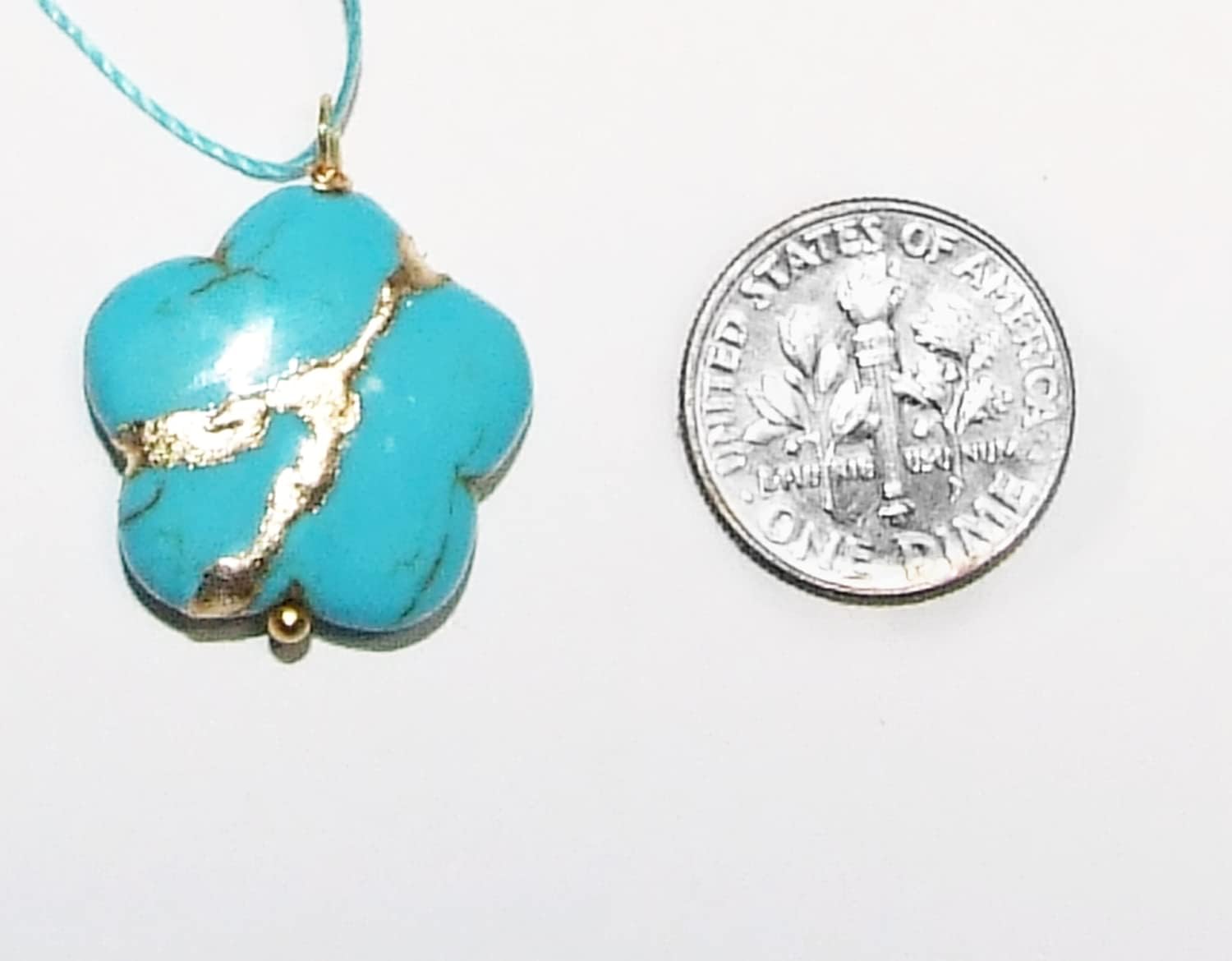 Kintsugi 20mm Turquoise Howlite Broken Sakura Blossom Mended with 23k Gold, Cord Necklace