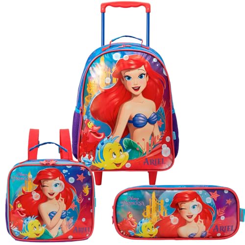 Kit Mochila De Rodinhas Lancheira Térmica Estojo Ariel Infantil