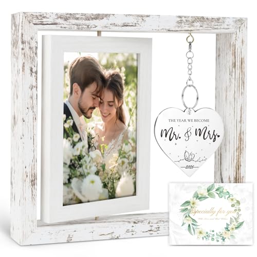 PIKPEOD Wedding Gifts for Couples 2026 Engagement Gifts for Couples Personalized Mr and Mrs Wedding Gift for Newlyweds Bridal Shower Gift for Bride to Be Rotating Floating Wedding Picture Frame 4x6
