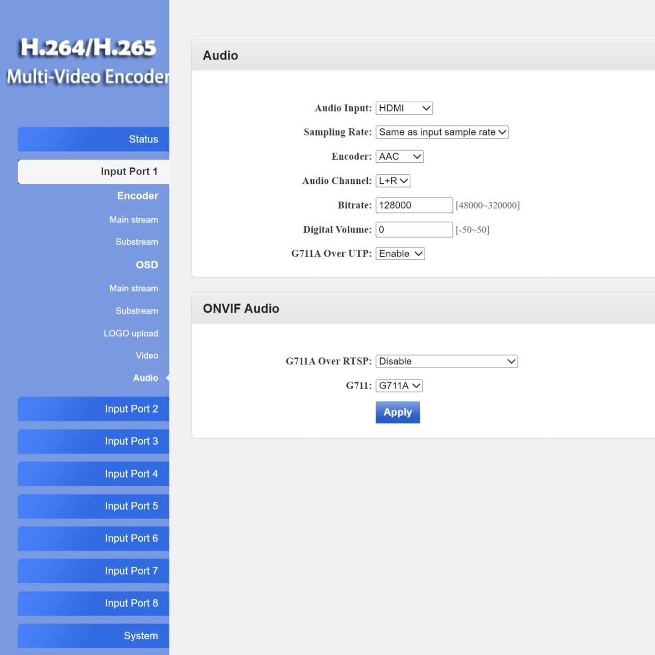 Screenshot of the encoder's web interface showing Advanced settings