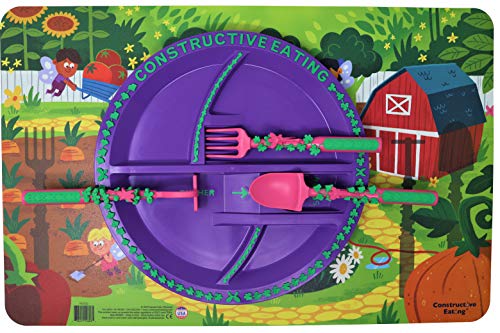 Constructive Eating Made in USA Garden Fairy Combo with Set of 3 Utensils, Plate and Placemat for Toddlers, Babies and Kids - Made with Materials Tested for Safety