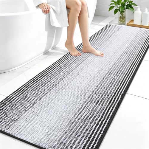 Image of OLANLY Bathroom Runner Rugs 70x24, Extra Soft Absorbent Chenille Striped Bath Rugs, Rubber Backing, Machine Wash Dry, Long Bath Mats for Bathroom, Tub, Shower, Home Decor Accessories, Dark Grey