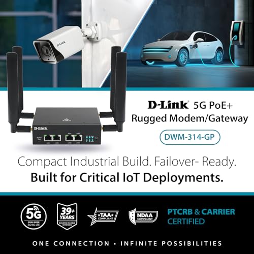 Image of D-Link 5G /4G PoE+ Rugged Compact Modem /Gateway, Industrial Build, Dual-Sim Failover,4 Port Gigabit Ethernet, 60W Budget, M2M, VPN, NDAA /TAA, Carrier Certified with Verizon, AT&T, T-Mobile (DWM-314-GP)