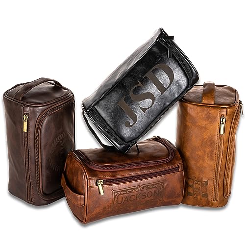 Bleggeit Personalized Leather Toiletry Bag For Men with Hook, Groomsmen Gifts Travel Bag Laser Engraved Name Monogram PU Leather Gift For Him Husband Father Leather Dopp Kit with Side Handle