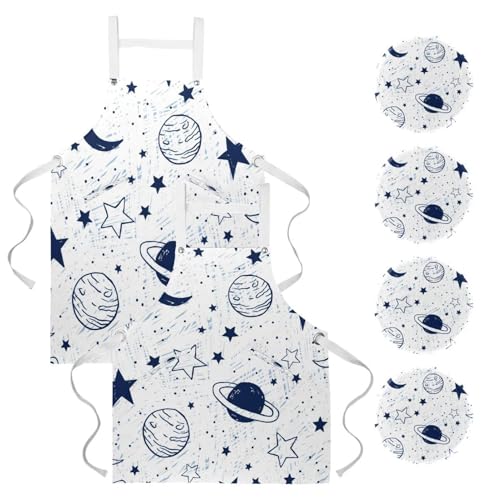 Lot de 2 tabliers de cuisine Planètes et lune avec 4 broches pour la pâtisserie