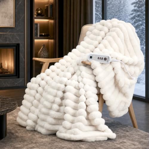 Manta eléctrica Cozy Bliss de piel sintética rayada 50"x60", calentamiento rápido, 8 niveles de calor y 8 configuraciones de temporizador con apagado automático, protección contra sobrecalentamiento, certificada ETL, lavable a máquina, crema blanca miniatura 1