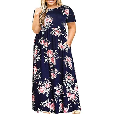 2023 Vestidos Largo para Mujer, Moda Impresión Floral Fiesta Vestido de Noche Cóctel Cuello Redondo Manga Corta Elegante Suelto Casual Vestido Bolsillos Vestir Playa Vacaciones Talla Grande Cover
