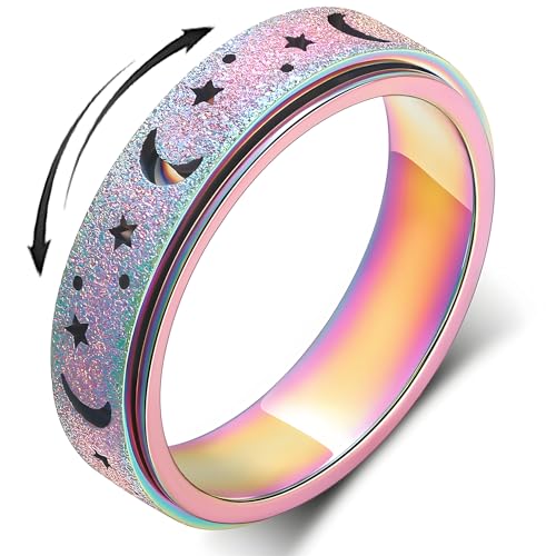 Anxiety Ring for Women Spinner Rings:Rotating Rings Stainless Steel 6mm Moon Star Anxiety for Men Band Jewelry Gift for Women Size 6 7 8 9 10