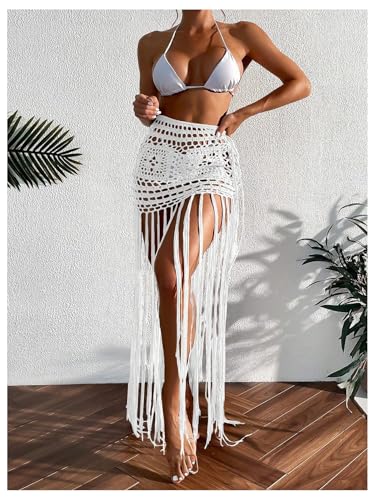 Milumia Women's Crochet Swimwear Cover Up Skirt High Waisted Fringe Hem Beach Skirts2