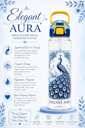 Image of Elegant Aura Peacock Printed Water Bottle 1 Litre with Straw & Gulp Drinking