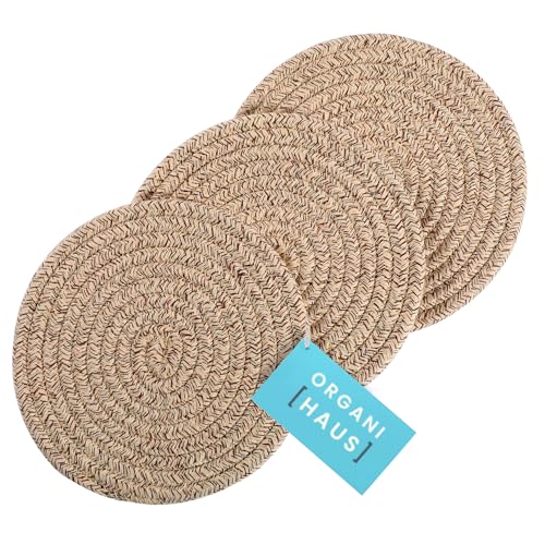 OrganiHaus Set of 3 Brown Farmhouse Hot Pads for Kitchen | 7' Cotton Pot Holders for Hot Plates to Protect Table | Hot Pads for Countertops | Trivets for Hot Dishes | Trivets for Hot Pots and Pans