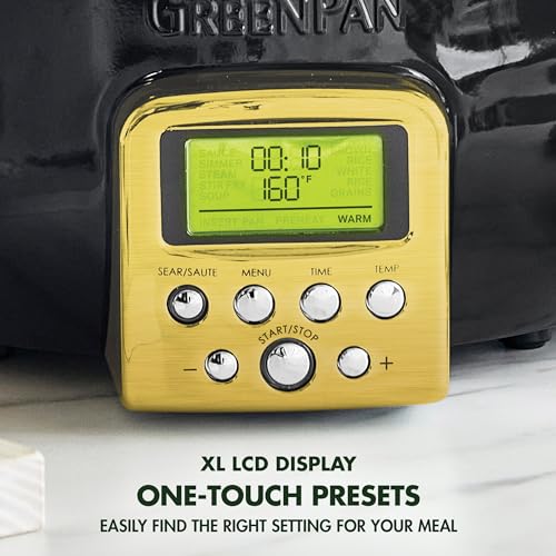 GreenPan Elite Essential Smart Electric 6QT Skillet Pot, Presets to Sear Saute Stir-Fry and Cook Rice, Healthy Ceramic Nonstick and Dishwasher Safe Parts, Easy-to-use LED Display, Gold