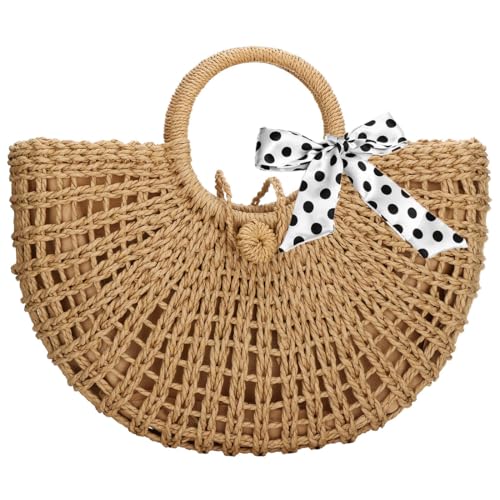 Image of YYW Straw Bags for Women,Hand-woven Straw Top-handle Bag with Round Ring Handle Summer Beach Rattan Tote Handbag
