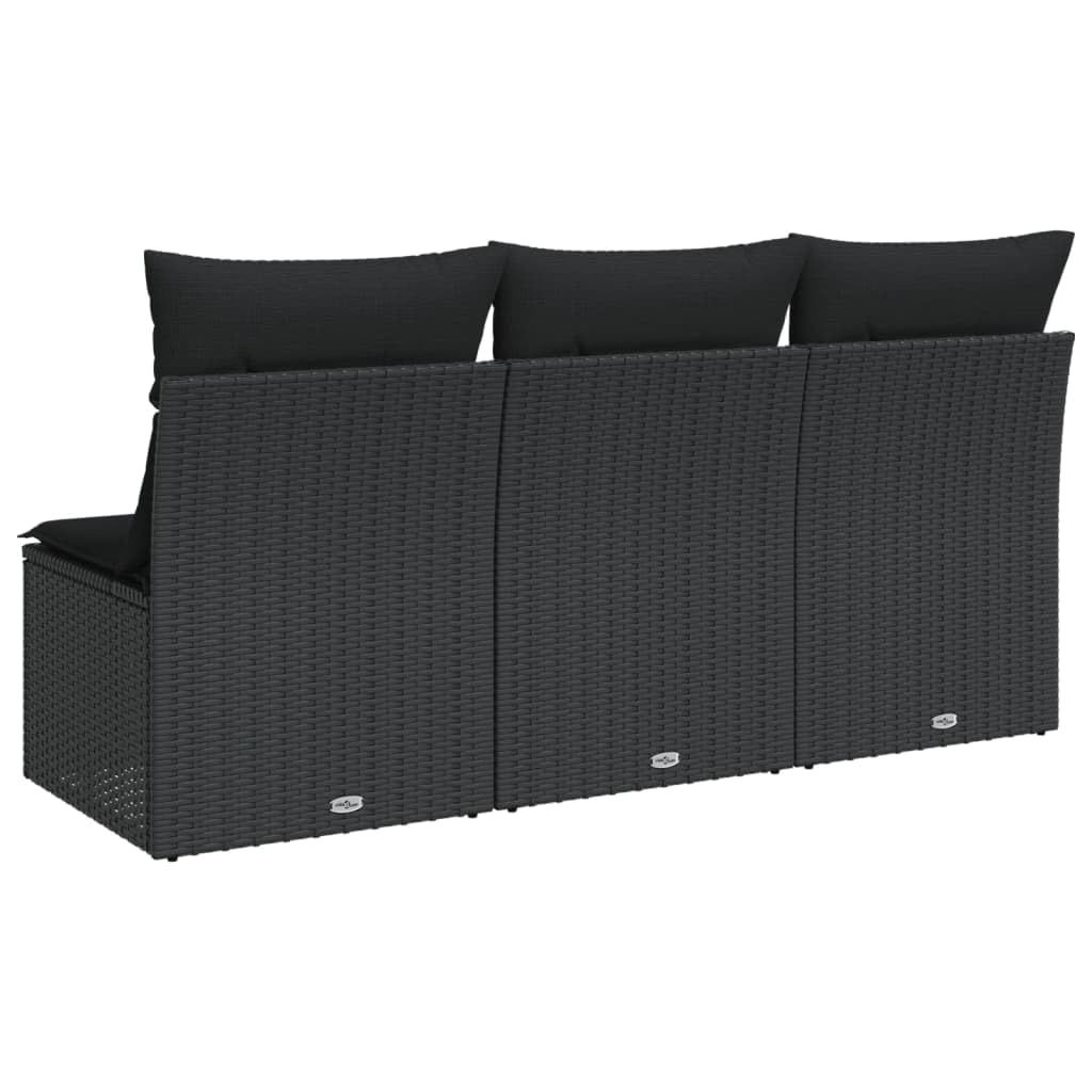 Divano da Giardino a 3 Posti con Cuscini Nero in Polyrattan,Divano Giardino,Divano Giardino Esterno,Divano Giardino per Esterno-365988
