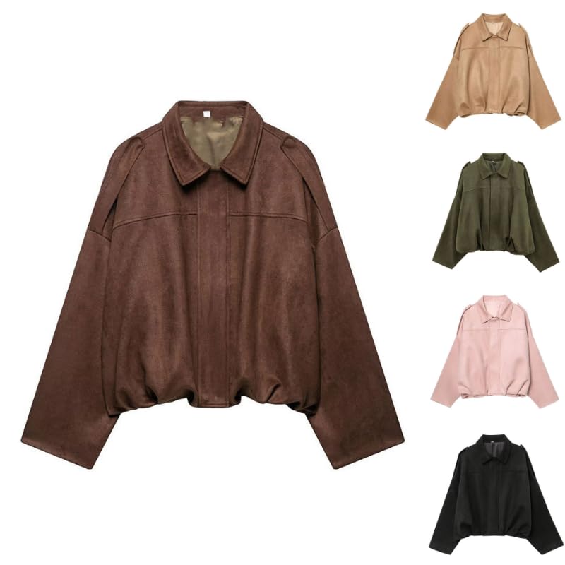 【Design alla moda】---- Bomber con tasca, giacca da donna in finta pelle scamosciata, revers, chiusura con cerniera, giacca con revers, maniche a pipistrello, spalline. Decorato con arricciature sull'orlo, semplice e classico, mostra facilmente il tuo fascino alla moda. giacca impermeabile donna