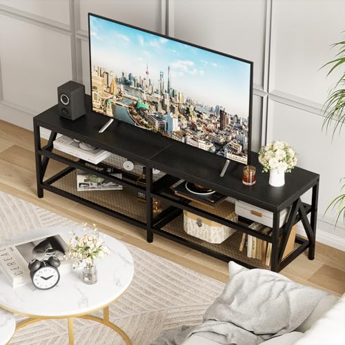 Image of 63 inch TV Stand for TVs up to 70 Inch with 3-Tier Storage Shelves | Black Modern 63 inch Long Industrial TV Console Table, Entertainment Center for Living Room, Bedroom