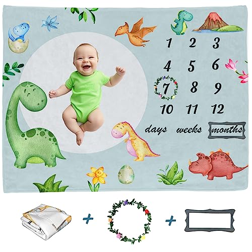 Image of VLANMON Baby Milestone Blanket for boy Watercolor Cute Dinosaur Monthly Newborn Growth Chart Tracker Photography Background Newborn Photo Prop Months Weeks Days