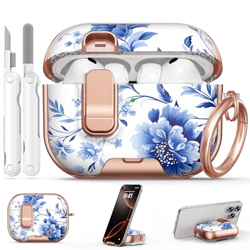 Image of for AirPod Pro 3 Case 2025, with Safty Lock & Phone Stand for Floral AirPod Pro 3 Generation Case Cover for Women Girly, iPod Pro 3 Cases with Keychain & Cleaner Kit -Blue +White Porcelain